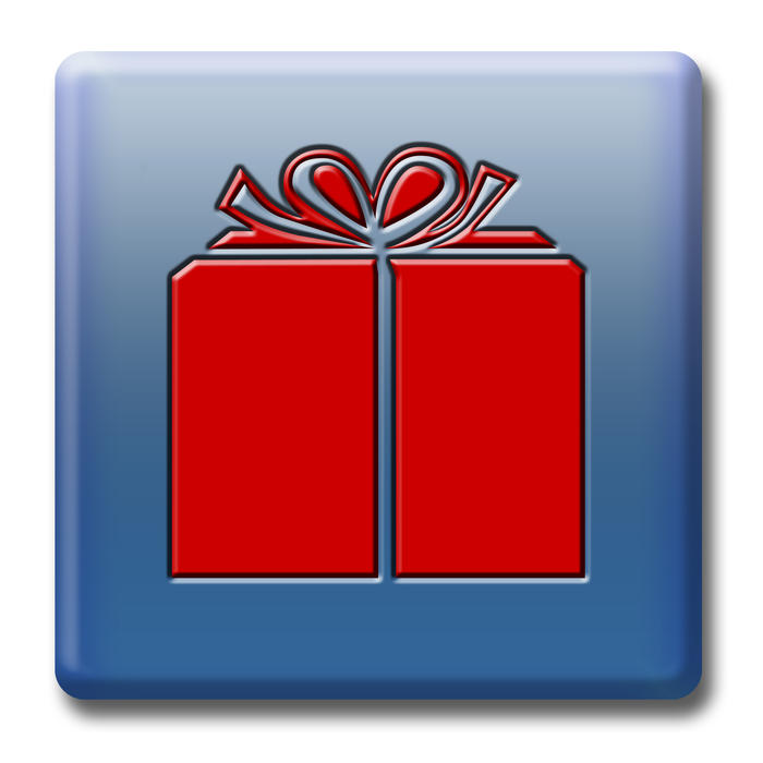 a blue button with a red gift box wrapped in a bow