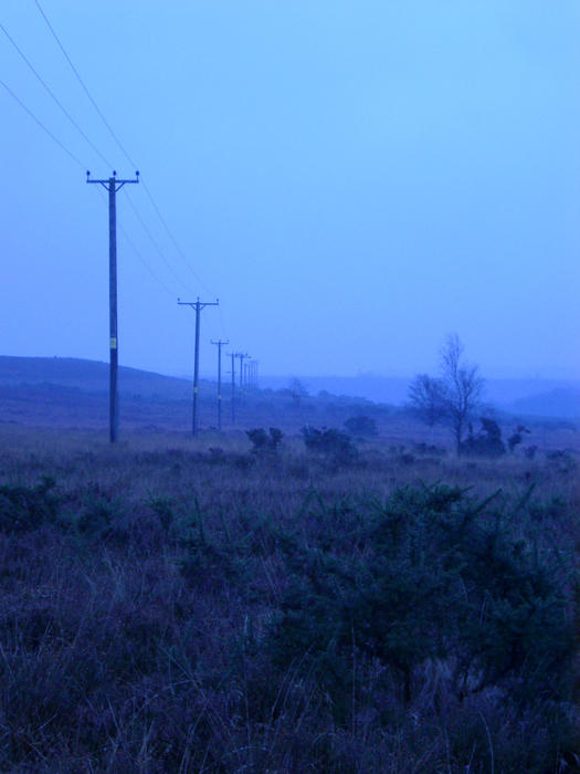 a moody blue looking dusk scene on a remote moorland, concept: distance