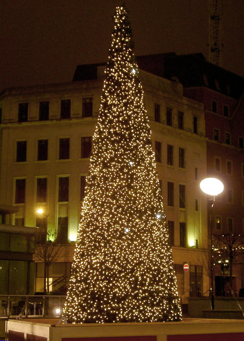 a modern urban christmas tree decoration, central manchester, uk