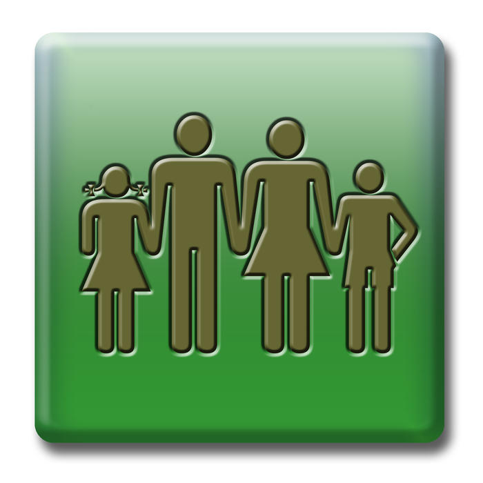 a green button with a family symbol, parents and boy and a girl