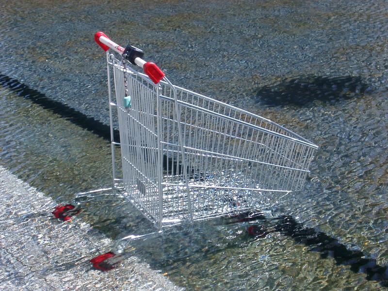 a shopping trolley in a fountain