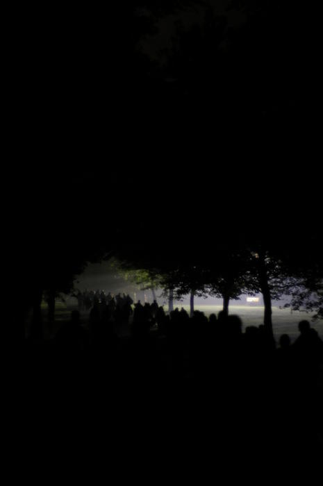 abstract and spooky nightime photography, a line of people walking through a park