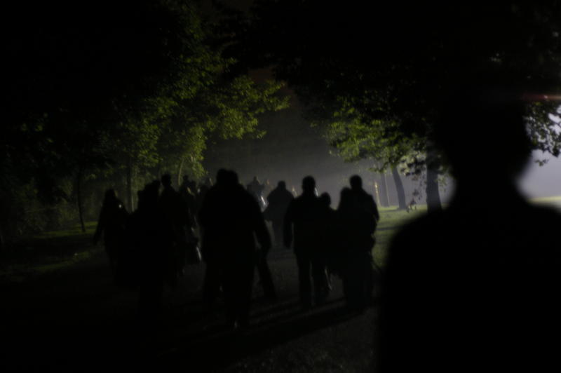 abstract and spooky nightime photography, a line of people walking through a park