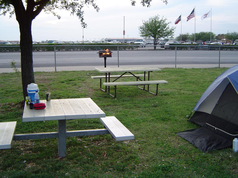 campground, tent, picnic table and fire hearth