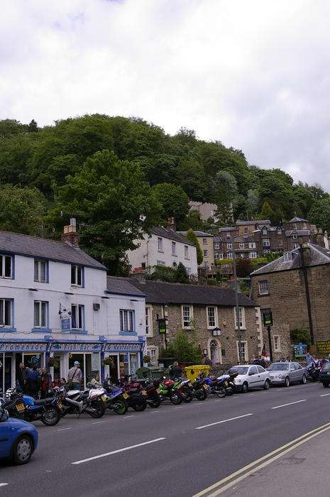 motorcycles parked along the main street, matlock back, derbyshire, uk