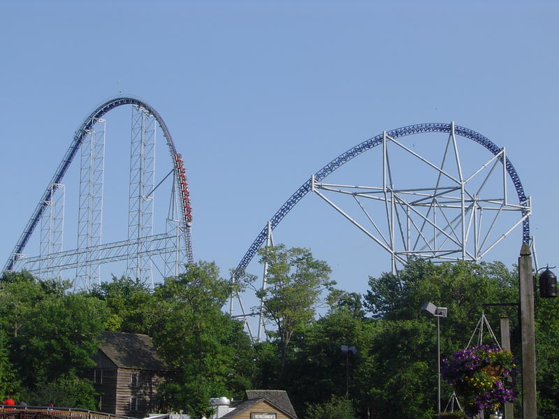 a metal frame rollercoaster and an american theme park - not model released