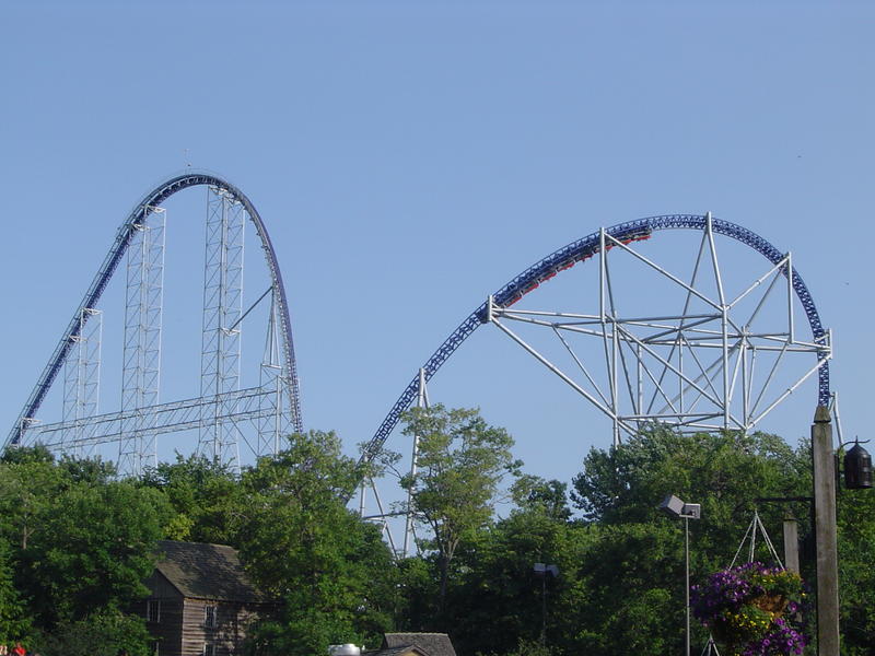 a metal frame rollercoaster and an american theme park - not model released