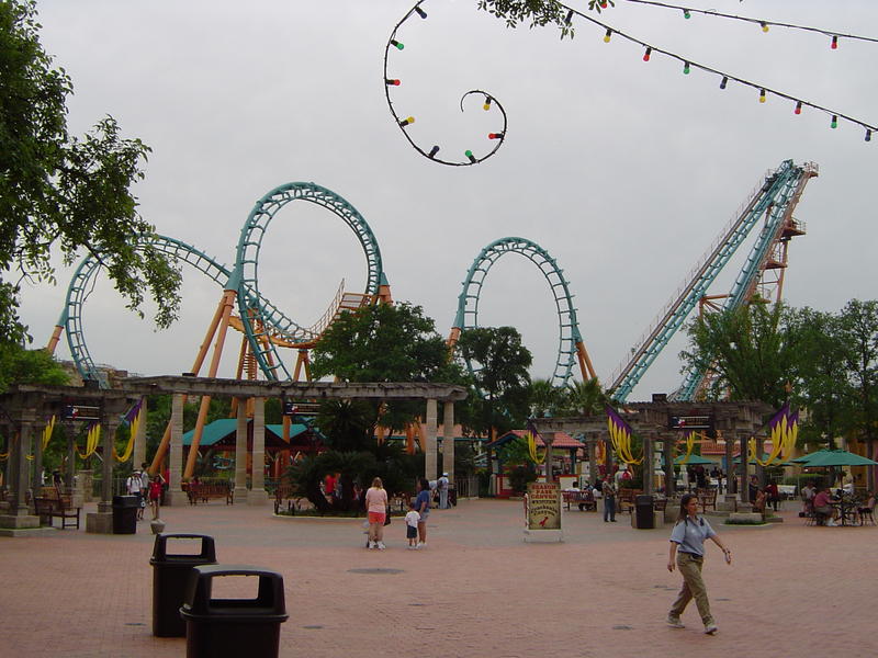 a metal frame rollercoaster and an american theme park - not model released