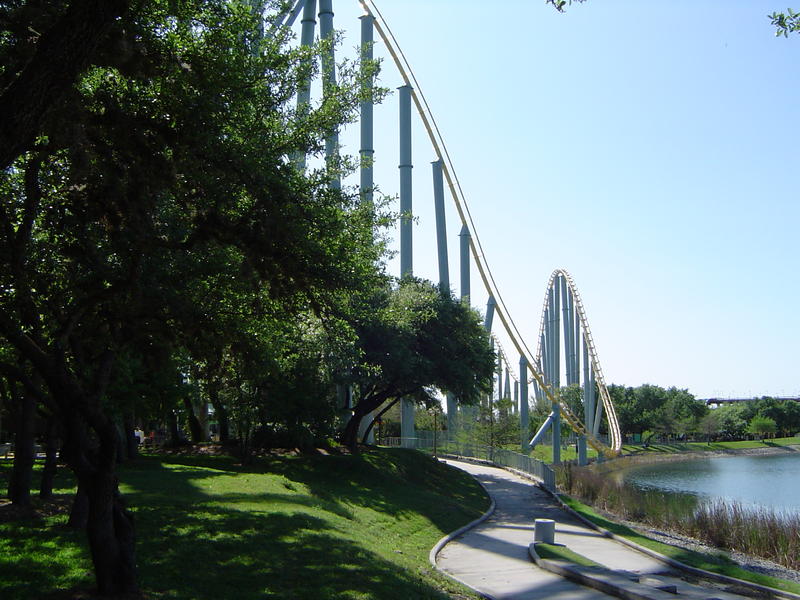 a metal frame rollercoaster and an american theme park - not model released