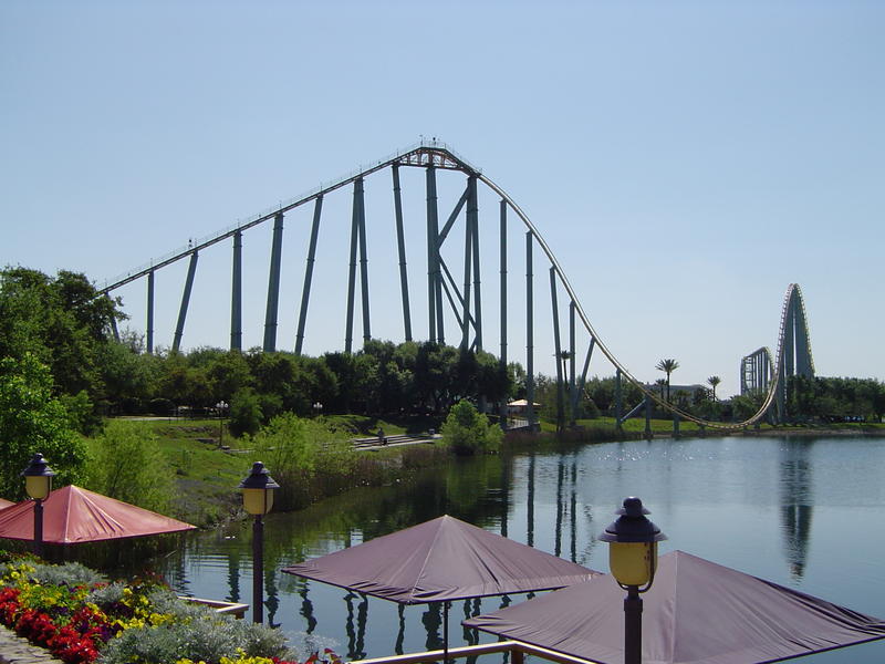 a metal frame rollercoaster and an american theme park - not model released