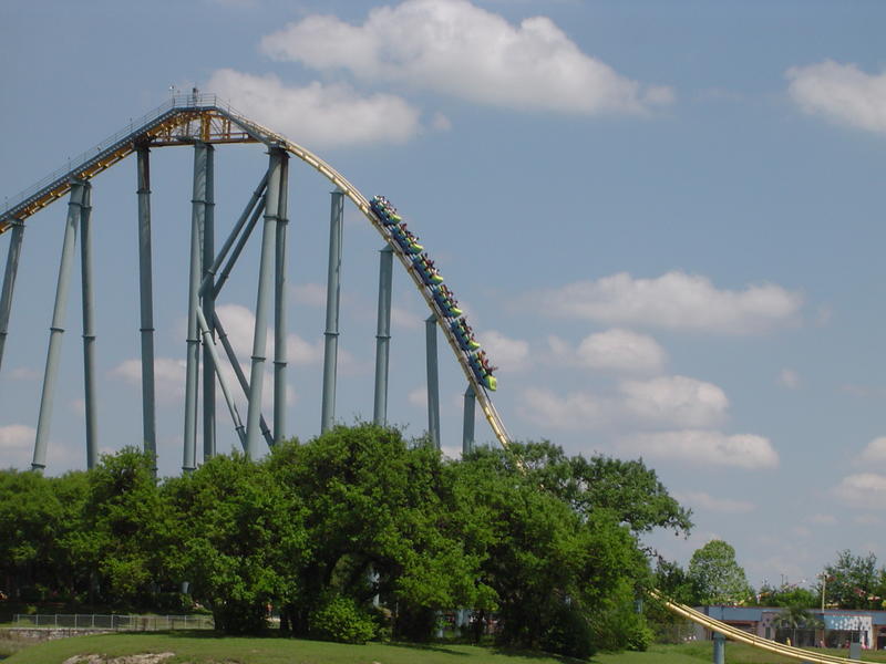 a metal frame rollercoaster and an american theme park - not model released