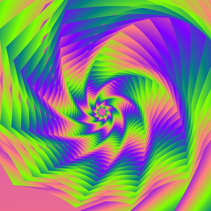 a curving fractal pattern of spiralling colours deminishing to a central point