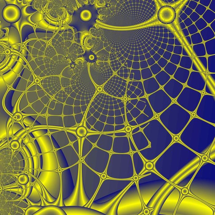 a futuristic looking fractal graphic, a mesh of yellow and blue rounded bars