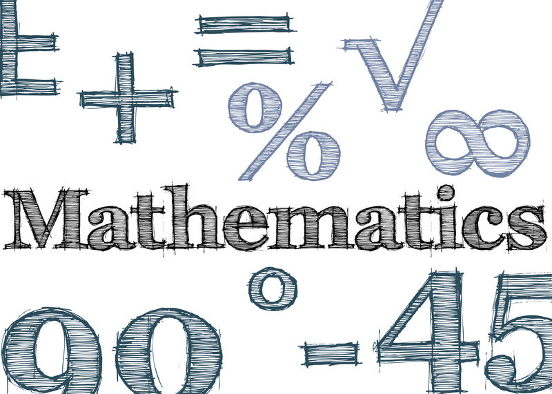 hand drawn effect lettering spelling mathematics surrounded by various math related symbols