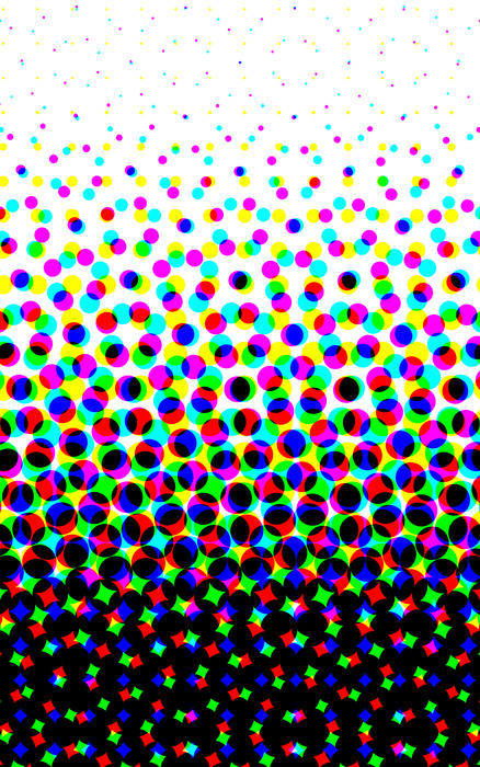 white to black graduation composed of coloured halftone print dots