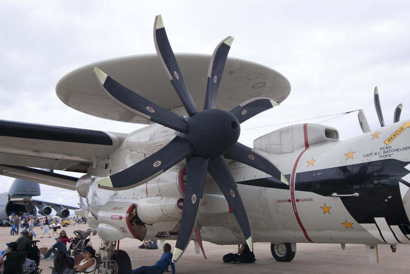 editorial use only : a navy Northrop Grumman E-2 Hawkeye AWACS aircraft at an air show