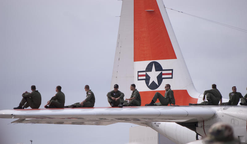 editorial use only : the tailplane of a HC-130 Hercules makes a useful platfrom for viewing an air show