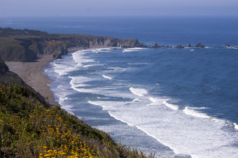 a view across San Carpoforo Beach to the rocks of ragged point, california pacific coast, south big sur