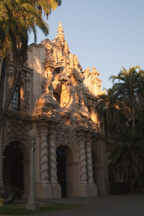 balboa park building facade in the Spanish Colonial Revival style, built for the 1915 Panama