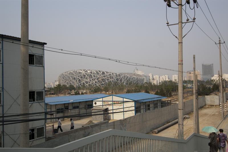 a view of the famous beijing birdsnest stadium during construction for the olympics in china 2008