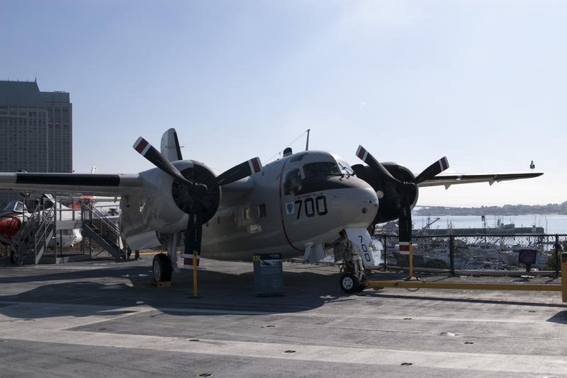 a Grumman C-1 Trader anti-submarine aircraft onboard the aircraft carrier USS midway