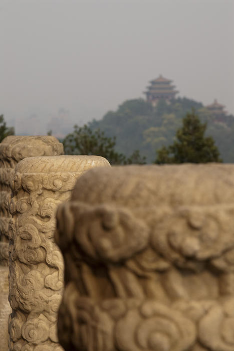 details of carved temple walls and distant out of focus temples in the background