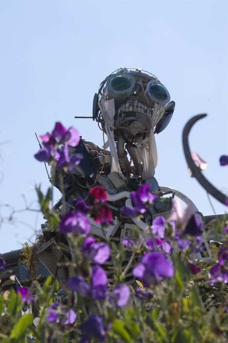 editorial use only: a robot made from recycled old appliances such as computers and washing machines