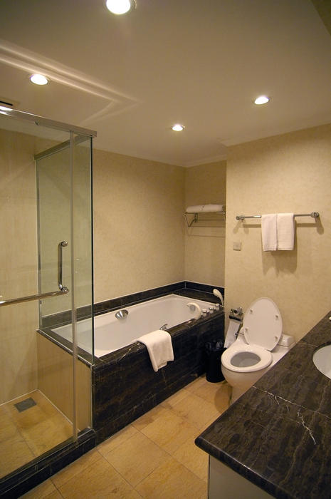 spotlit interior: a modern hotel bathroom