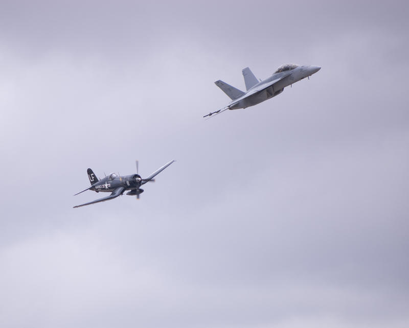 Old versus new, a propeller powered corsair F4U and a jet engined FA18 Hornet