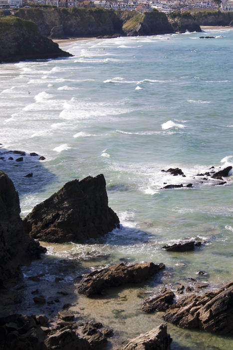 looking down at rocks near lusty glaze beach, newquay