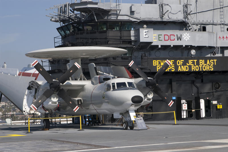 Editorial use only: A us navy US Navy AWACS E-2C on the flight deck of the USS midway