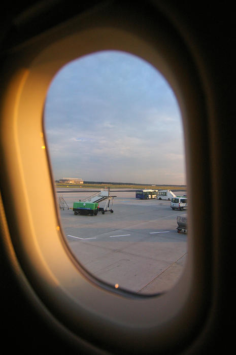 view from an airplane window while still on the ground