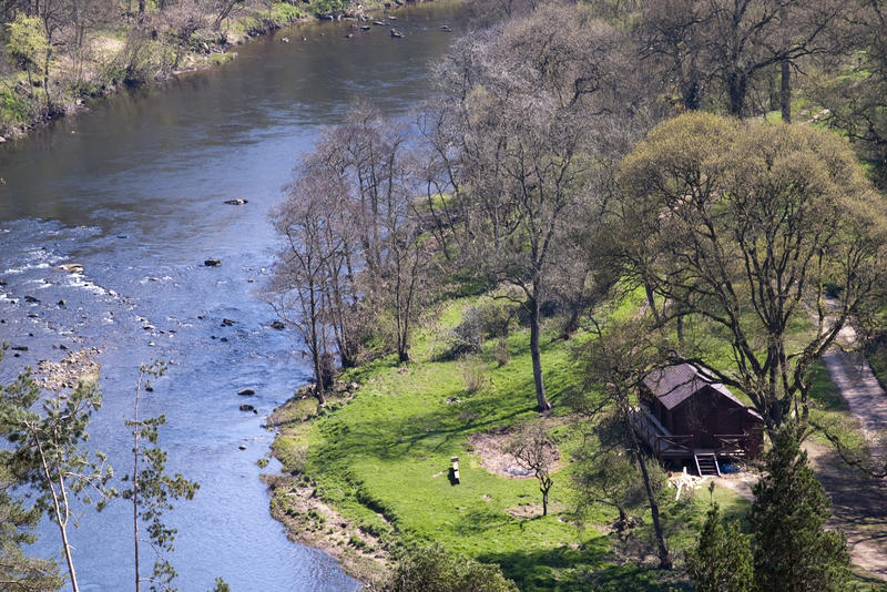 looking down at a shallow river, woods and river bank