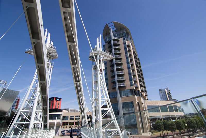 looking up at the lift tower  structure of the salford quay lift bridge, manchester