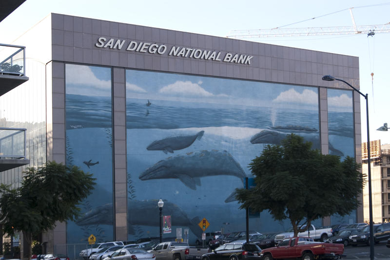 whale mural on the side of the san diego national bank building