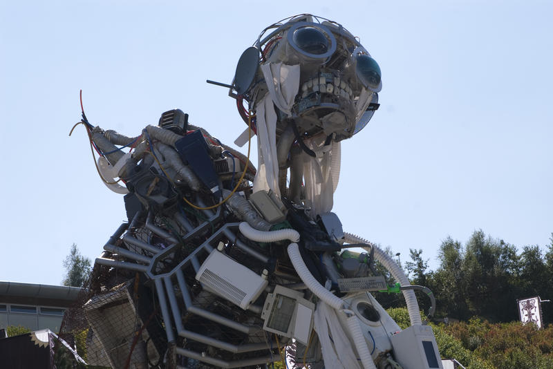 editorial use only: a robot made from reused materials such as computers and washing machines