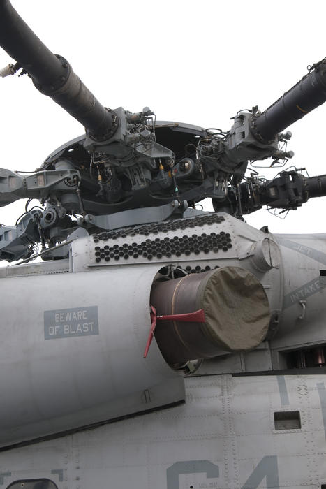 Details of the rotor and air intake on a super stallion navy helicopter