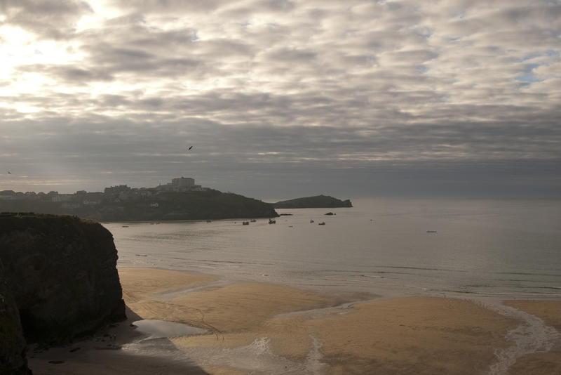 lookout from cliffs above tolcrane beach towards towan head, newquay