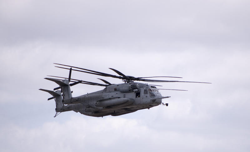 A pair of US Navy Super Stallion Helicopters in flight