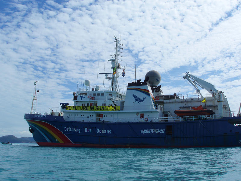 a wide angle view of the MV Esperanza on the water  