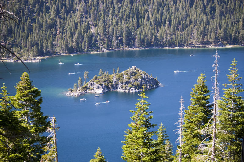 Clear blue waters of Lake tahore on a crisp winter morning, A view of Fannette Island, Emerald Bay