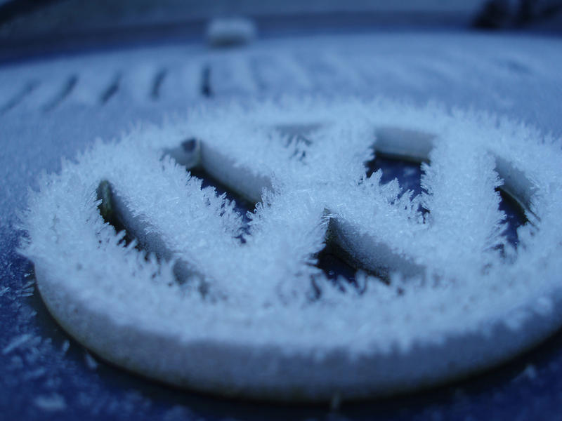 frost crystals growing on the badge of a classic volkswagen