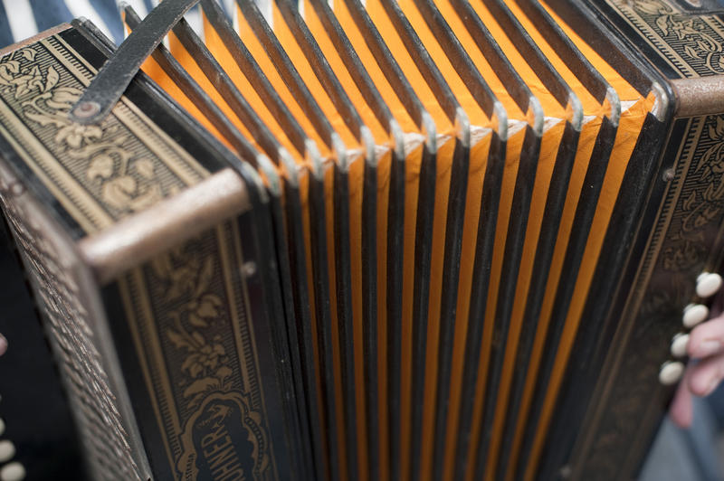 closeup on the bellows on an accordion or squeezebox instrument