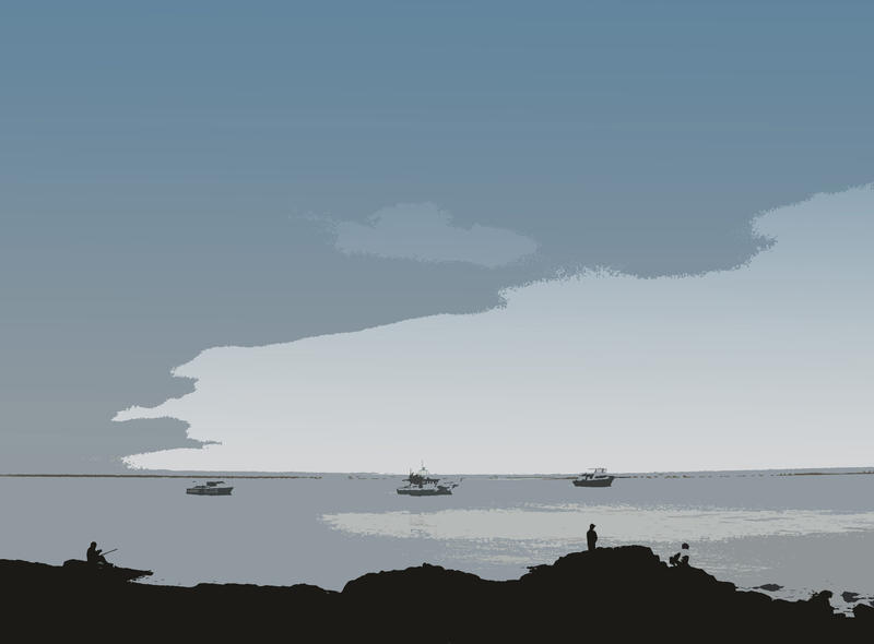 a traced image of a coastal scene, fishing, people enjoying the view and several boats on the water