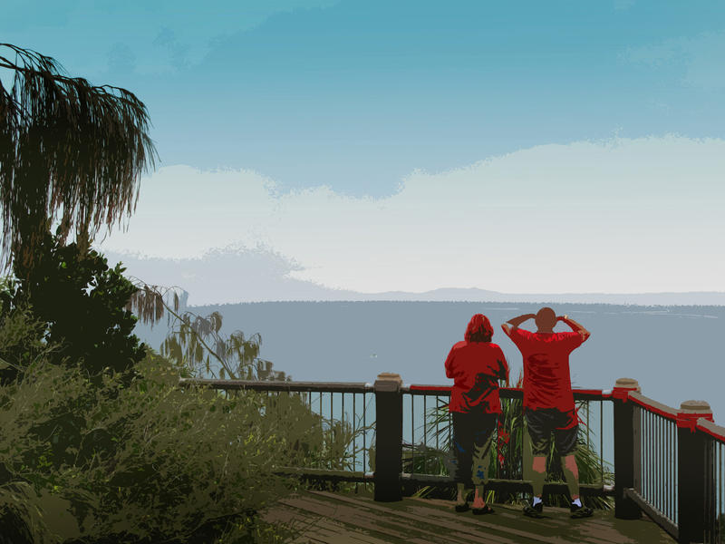 a drawing of a two people looking out from a view point platform towards the horizon