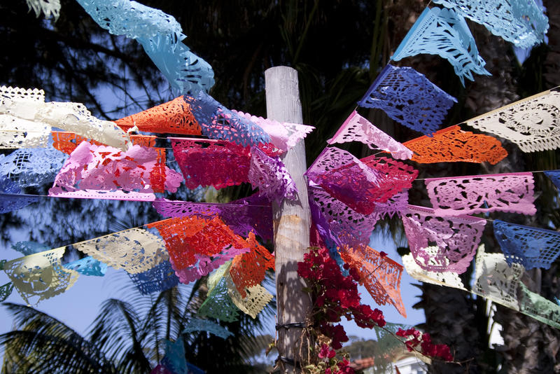 a decorative display of prayer flags