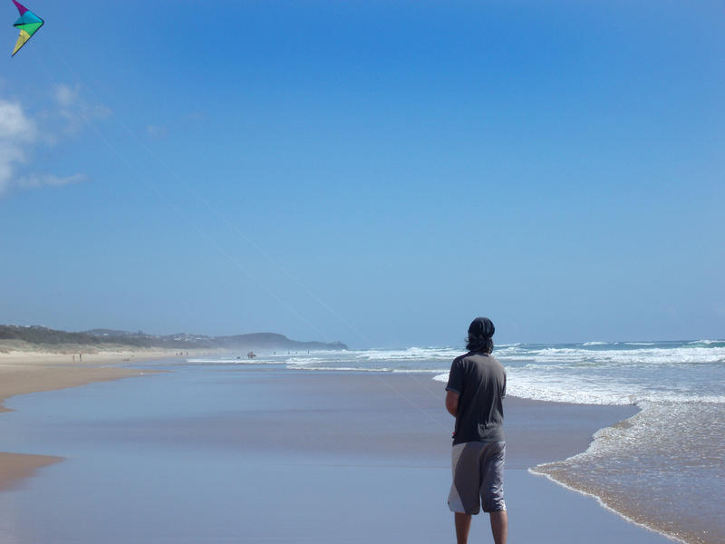 a man flying a stunt kite on a sandy beach