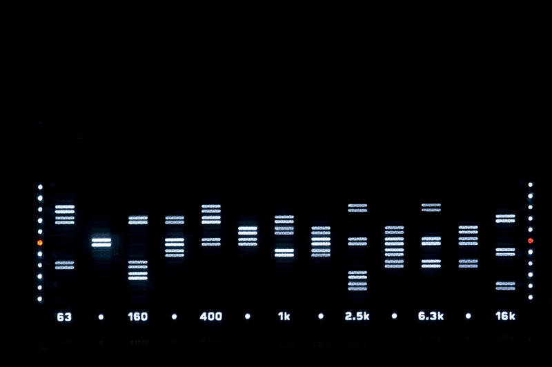 an audio spectrum plot with overlayed graphic equaliser settings on a sound system amplifier control panel