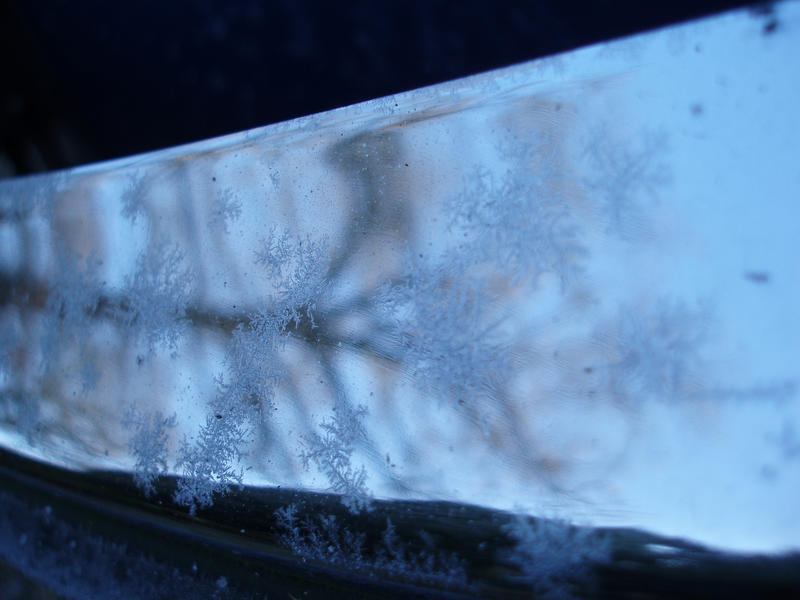 frost growing fractal patterns on a chomed metal strip