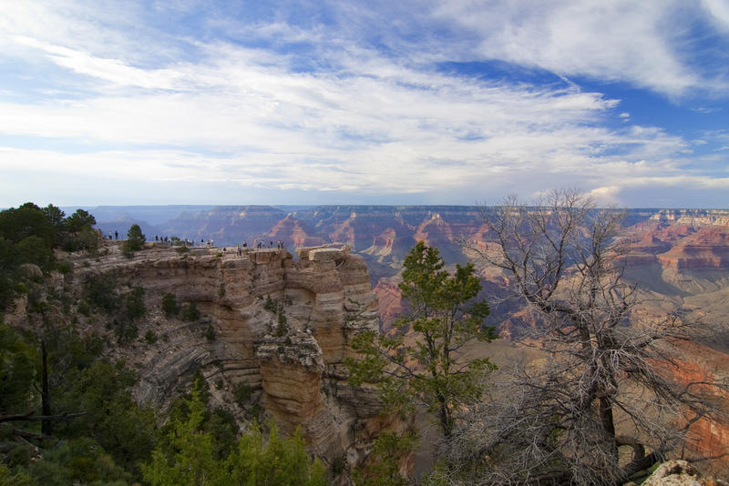 people standing on a rocky outcrop on the grand canyon enjoying the view